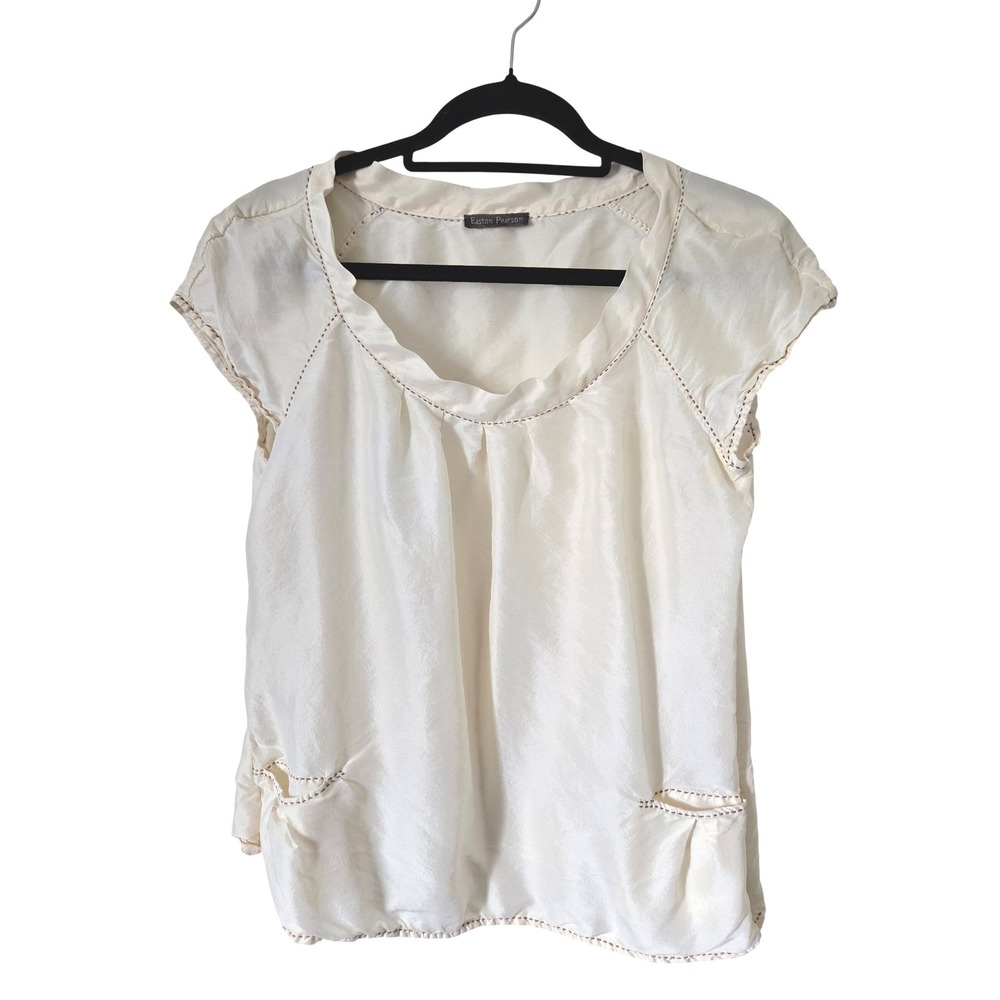 Easton Pearson Cream 100%‎ Silk Top Cap Sleeve Blouse Contrast Stitch Womens 10